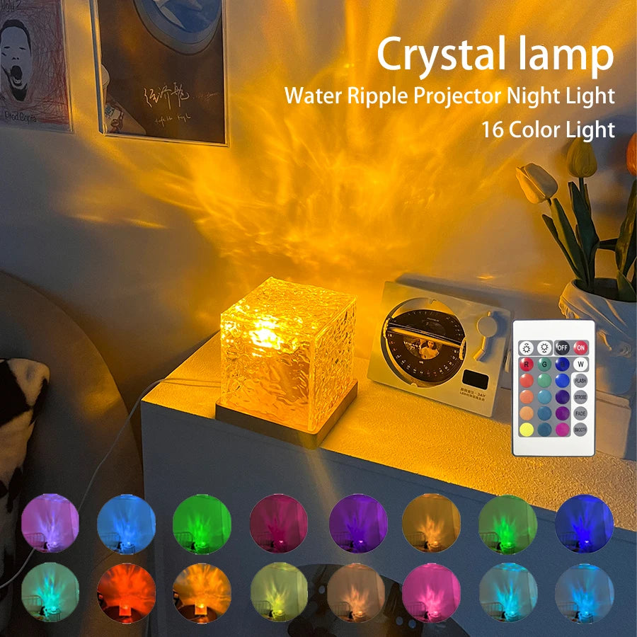Ocean Wave Aurora Projector Light with 16 Dynamic Colors and Remote Control - RGB Dimmable Flame Crystal Lamp for Living Room Decor