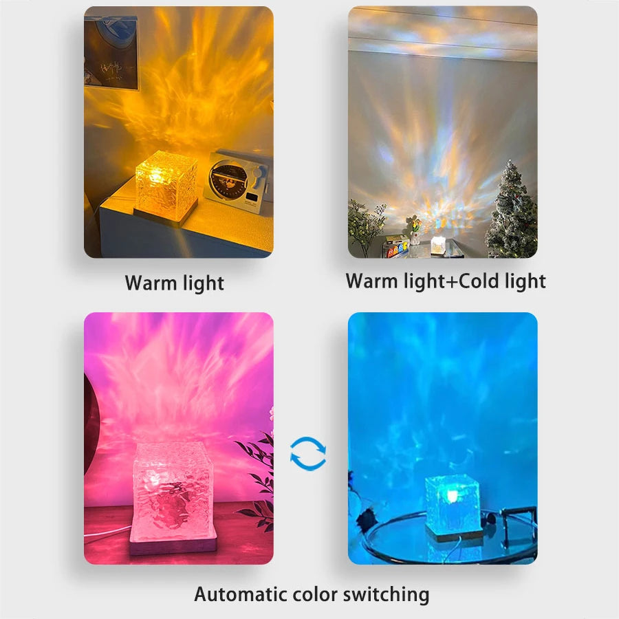 Ocean Wave Aurora Projector Light with 16 Dynamic Colors and Remote Control - RGB Dimmable Flame Crystal Lamp for Living Room Decor