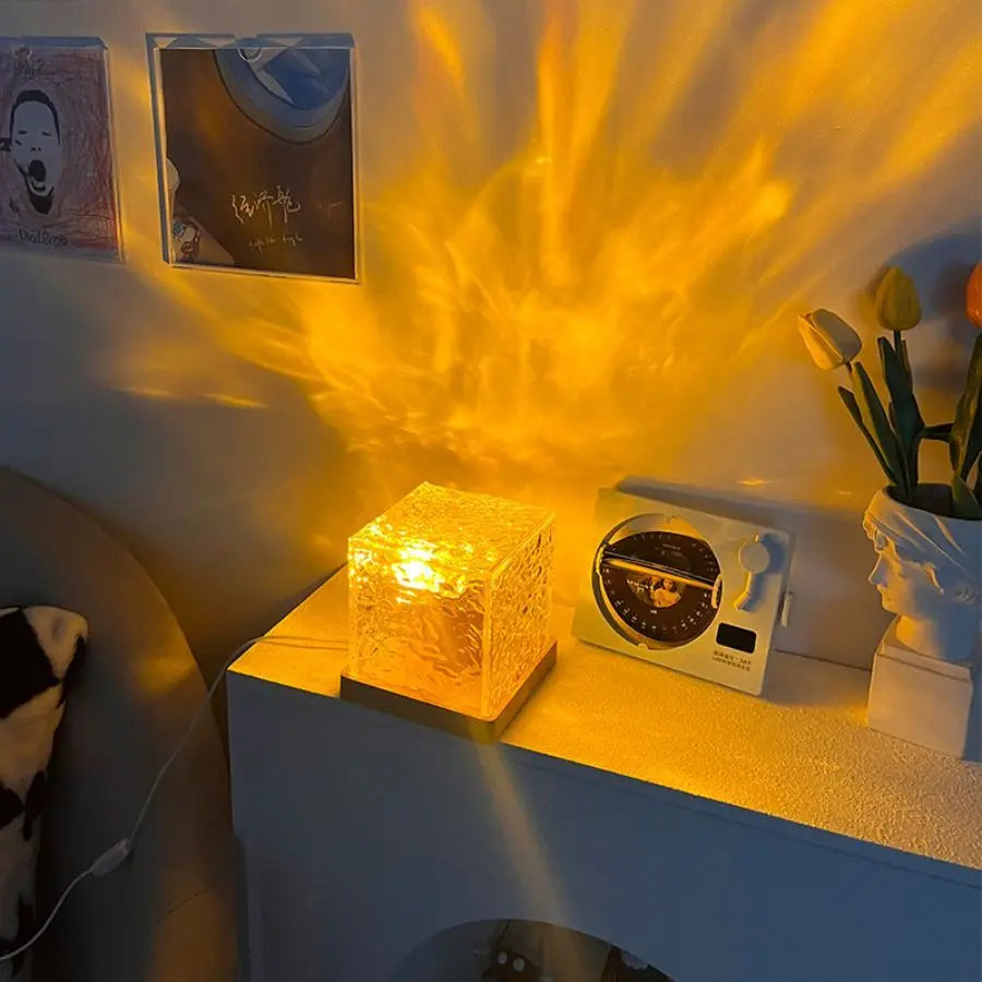 Ocean Wave Aurora Projector Light with 16 Dynamic Colors and Remote Control - RGB Dimmable Flame Crystal Lamp for Living Room Decor